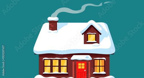 Cozy house with snow-covered roof and red door, smoke rising from chimney, viewed from the front