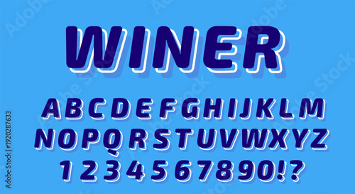 Winer Bold Font - Navy Blue 3D Alphabet with White Outline