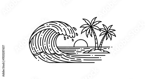 A huge wave crashes on a tropical beach with palm trees during a serene sunset