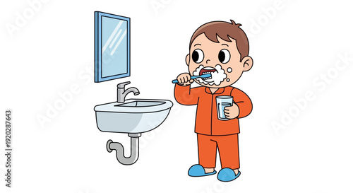 Young boy brushing teeth in front of a bathroom sink and mirror, standing and holding toothpaste, illustration