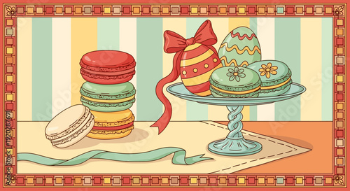 Colorful macarons and decorated eggs on a cake stand displayed on a striped tablecloth