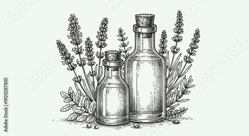 Illustration of lavender sprigs and bottles on a clean white background viewed from the front