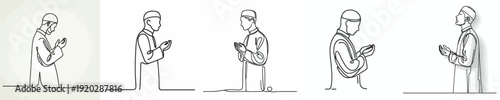 half body line art of a Muslim man standing in prayer gesture side view