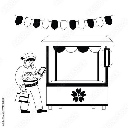 A trendy glyph illustration of a man doing shopping for new year party