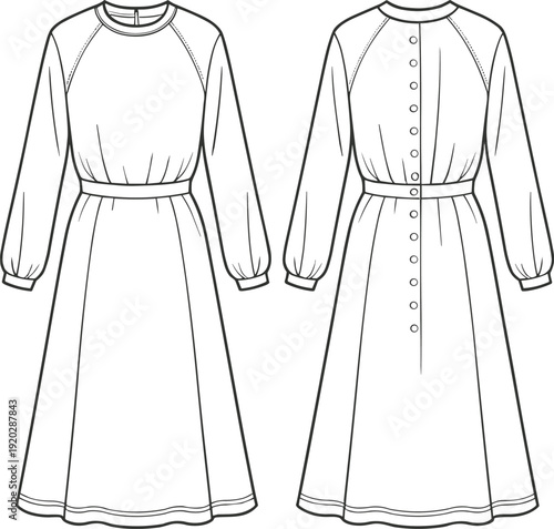 Long Sleeve Button Back Midi Dress Technical Flat Sketch Front and Back View Fashion Apparel Line Drawing Template Design