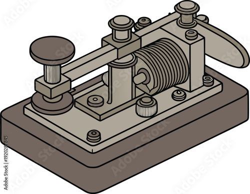 Vintage telegraph machine with brass components and wooden base metal