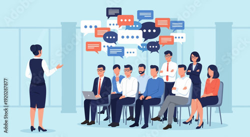 Business meeting illustration with diverse professionals discussing ideas and collaborating in a modern office environment from a front viewpoint.