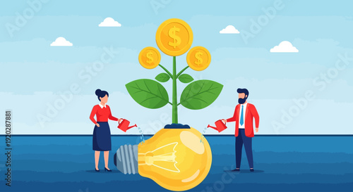 Two individuals nurturing a plant with coins growing out of a large gold coin, symbolizing financial growth and investment