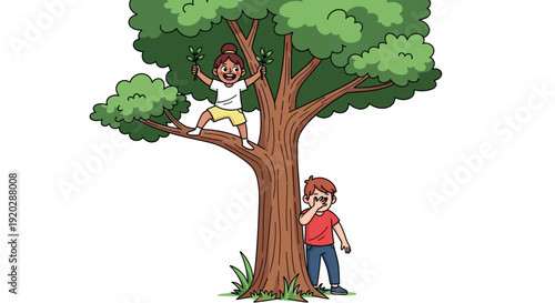 Children playing together under a large green tree in a serene outdoor setting from a distant viewpoint