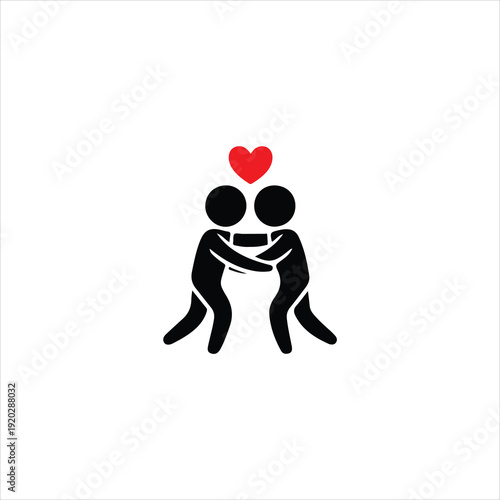 Two stick figures holding hands with a red heart above them on a white background embrace love