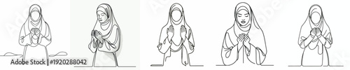 half body line art of a Muslim woman prayer gesture front view