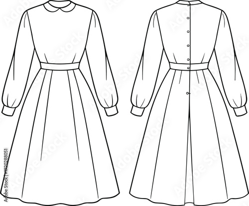 Long Sleeve Midi Dress Technical Flat Sketch Front and Back View Fashion Line Drawing Apparel Design Template