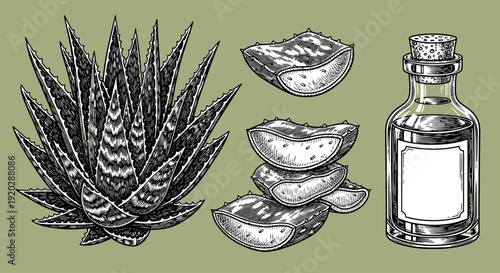 A detailed illustration of aloe vera plant, sliced aloe vera, and a glass bottle on a muted green background, viewed from directly above