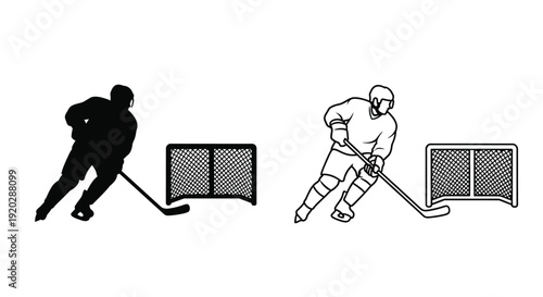 Hockey players and goals depicted in a black and white illustration