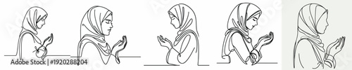 half body line art of a Muslim woman in prayer gesture side view
