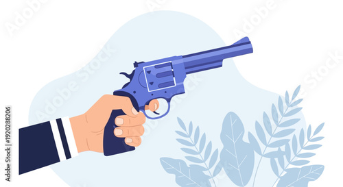 Hand holding a blue revolver with leaves in the background