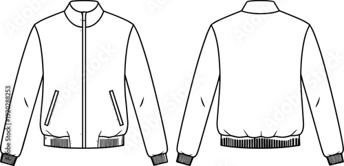 Men Zip Up Bomber Jacket Technical Flat Sketch Front and Back View Fashion Line Drawing Template