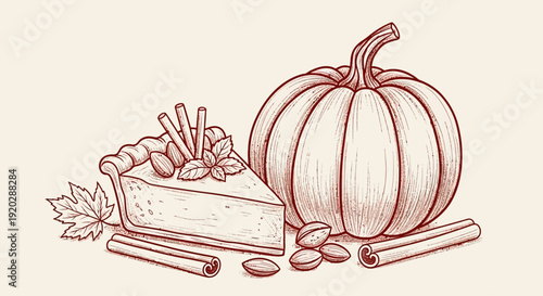 A still life illustration of a pumpkin, cheese, and nuts from an overhead viewpoint in an autumnal setting.