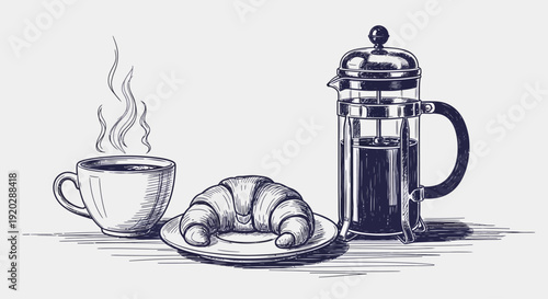 A steaming coffee cup alongside a croissant and French press on a plate, captured from a front viewpoint.