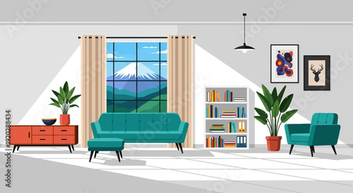 Modern living room interior with teal sofa, chairs, and plants, overlooking a serene mountain landscape through a large window