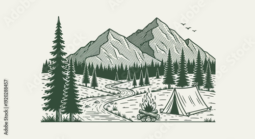 Camping Scene in the Mountains with Tents and Pine Trees Surrounding a Serene Landscape