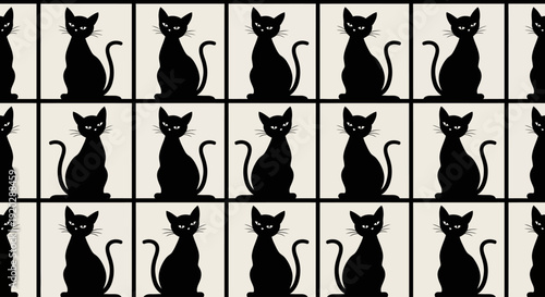 Collage of black cat silhouettes in grid pattern on neutral background viewed from directly above