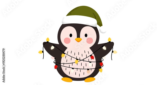 A cartoon penguin wearing a Christmas hat and decorated with festive lights on a transparent background viewed from front