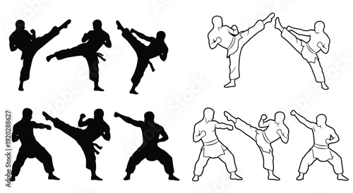 Silhouettes and outlines of people performing martial arts kicks