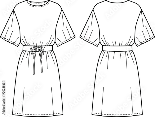 Short Sleeve Midi Dress with Drawstring Waist Technical Flat Sketch Front and Back View Fashion Apparel Template