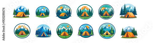 Set vector of Camping tent in forest at sunrise with trees and nature emblem