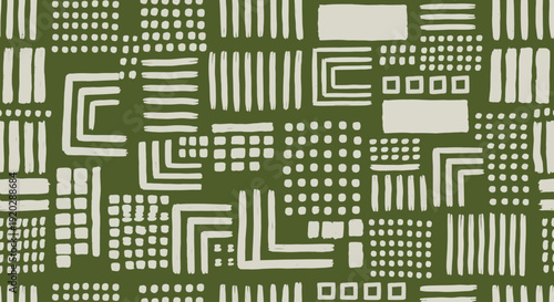 Geometric patterns and shapes in a harmonious olive green and cream design
