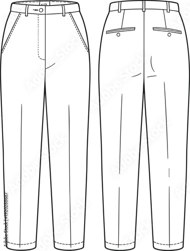 Tailored Slim Fit Trousers Technical Flat Sketch Front and Back View Fashion Apparel Line Drawing Template