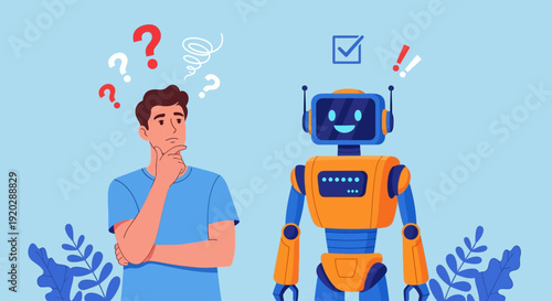 Man contemplates beside robot with question marks and checkmark in a thoughtful illustration