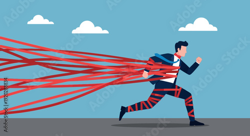 Man Running with Multiple Red Ribbons Tied Around Him in a Blue Sky with Clouds