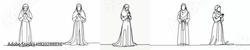 line art of a Muslim woman standing in prayer gesture front view