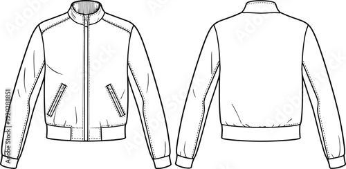 Zip Up Bomber Jacket Technical Flat Sketch Front and Back View Fashion Apparel Line Drawing Template