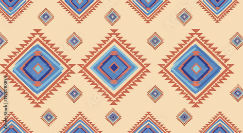 Geometric pattern featuring diamond shapes and abstract designs in a repetitive layout on a light beige background from a direct viewpoint