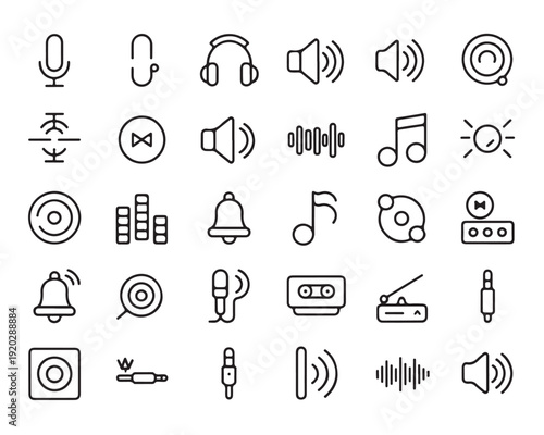 Set of thin line icons representing audio and music elements for interface design projects and multimedia applications