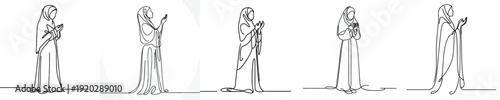 line art of a Muslim woman standing in prayer gesture front view