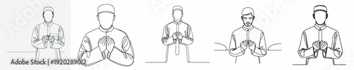 half body line art of a Muslim man prayer gesture front view