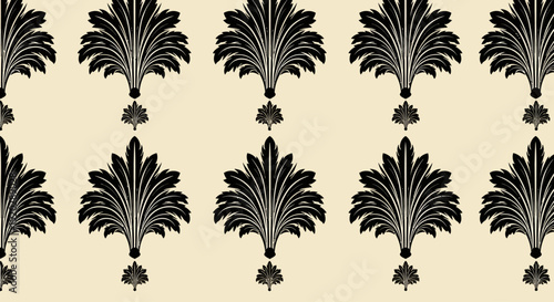 Repeating pattern of elegant black floral motifs on a beige background viewed from directly above