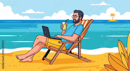 Man relaxing on beach with laptop and drink in a deck chair on a sunny day