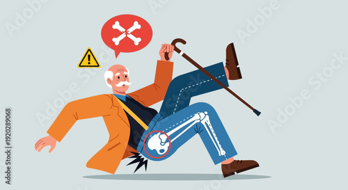 Elderly man falling while walking with a cane, experiencing injury or accident on a public street, captured from a concerned viewpoint