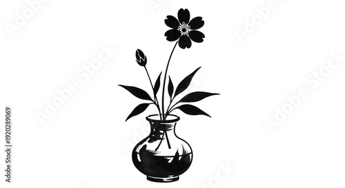 Illustration of a flower in a vase with leaves and a bud viewed from the front