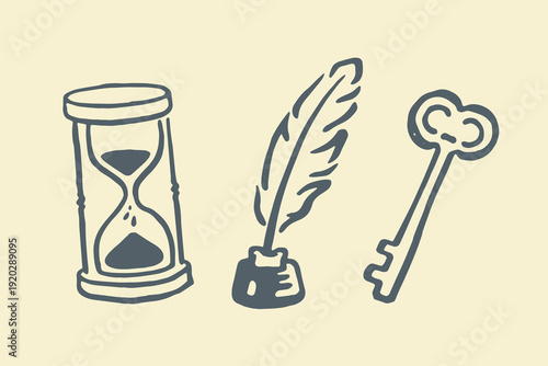 Hourglass quill key doodle sketch vector illustration