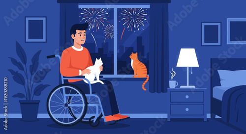 Man in wheelchair with cats enjoying fireworks display through bedroom window at night