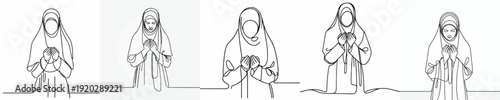 half body line art of a Muslim woman prayer gesture front view