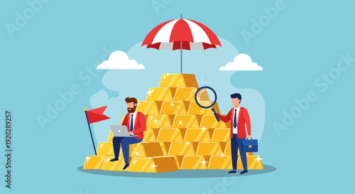 Businessmen examining a large pile of gold coins under a red and white umbrella on a sunny day