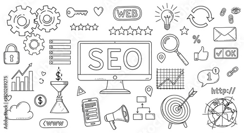 A computer monitor displaying SEO surrounded by various icons representing online marketing and optimization techniques in a digital environment from a straightforward viewpoint
