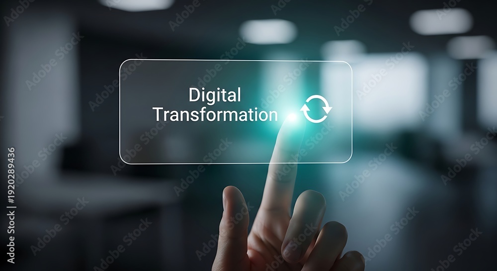 Obraz premium Hand interacting with digital interface displaying digital transformation toggle button in modern office setting.